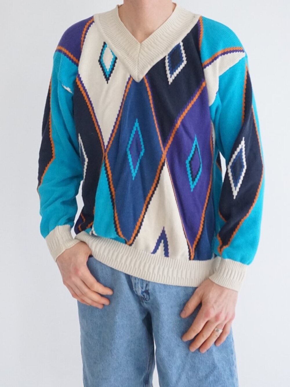 Vintage Free by Falke Blue Diamond Cotton Golf Grandpa Sweater Mercerized Knit M
